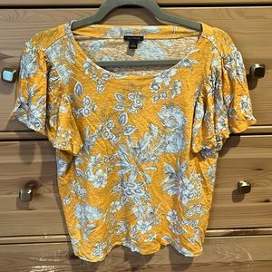 100 percent linen flutter sleeve orange Ann Taylor blouse with white florals